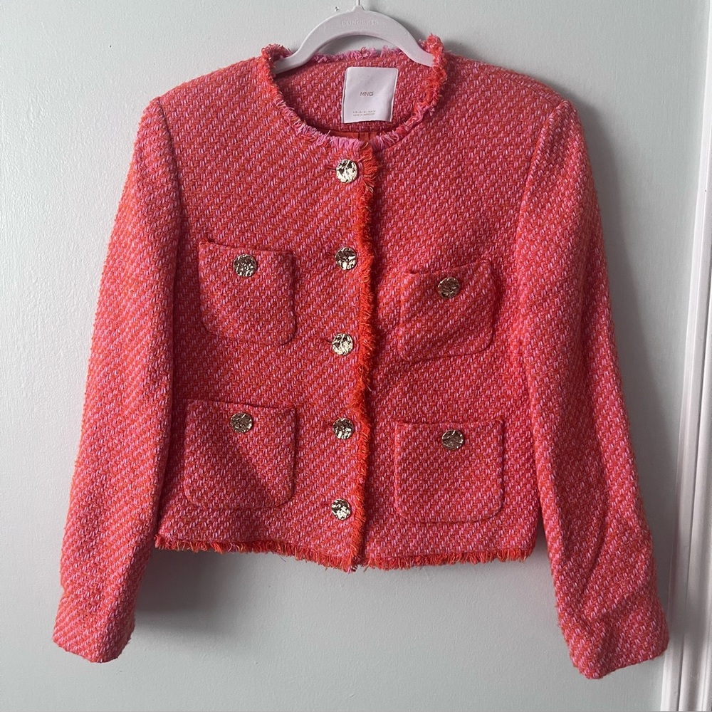 MNG Mango Pink & Orange Tweed Double Breasted Blazer Jacket – Size M
